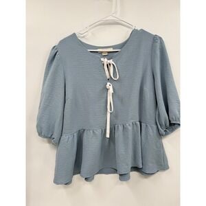 Monteau XL Peplum Blouse Womens Blue Tie Neck Puff Sleeve Textured Top 202108